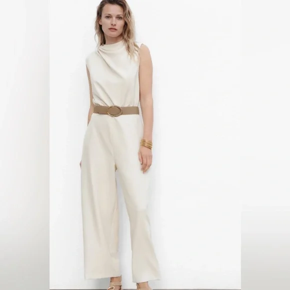 Wide Leg Zara Cream Jumpsuit Zara Pants Jumpsuits New Zara Long
